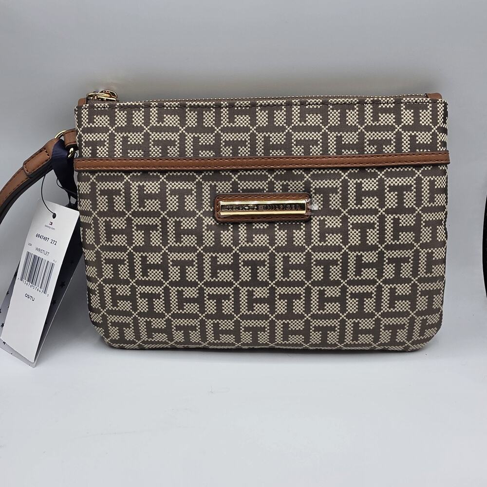 Tommy Hilfiger Signature Slim Wristlet Logo Print Jacquard Brown and Khaki